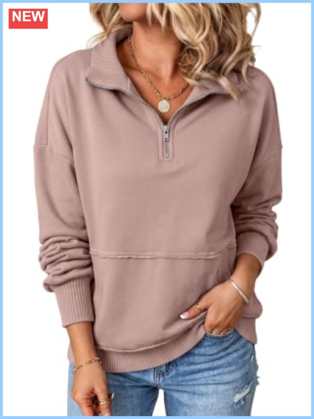 Women's Half Zip Pullover Sweatshirt - Casual Long Sleeve Lightweight Cotton